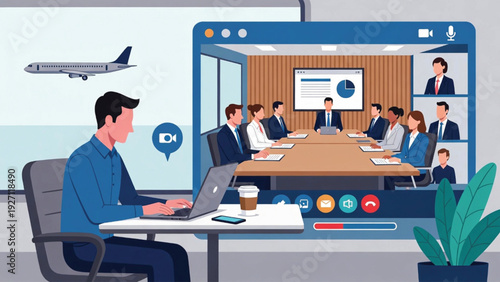 Business Remote Team Meeting via Video Call with Airport Background