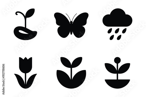 Nature Icons: Sprout, Butterfly, Rain, Tulip, Plant