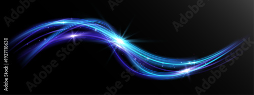 Glowing blue light wave with sparkling highlights and smooth flowing motion on dark background, symbolizing speed, energy flow, dynamic movement and futuristic technology.
