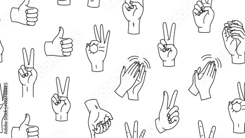 Seamless pattern of diverse hand gestures showing communication signals and positive human emotions in a minimalist line art style on a clean white background