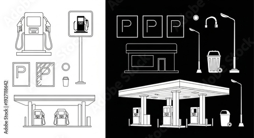 Gas station illustration with various elements, including pumps and signs, in a detailed drawing.