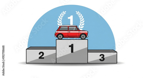 Red car on a podium representing first place victory in a race competition.