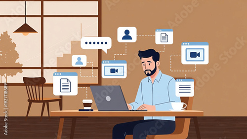Business Man Working Remotely, Sending Files and Video Calling Colleagues