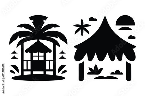Tropical Hut and Palm Tree Icons