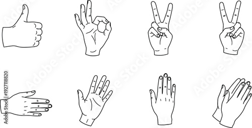 This versatile collection of human hand gestures line art illustrates different communication symbols and common signs