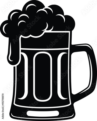 Black silhouette beer mug vector illustration with detailed panels, classic design, festive celebration