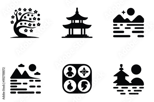 Set of Japanese themed icons - Cherry blossom tree, Pagoda, Mountains