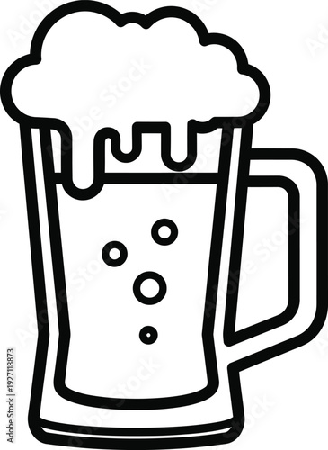 Frothy beer mug vector illustration with bubbles, refreshing beverage celebration, simple line art style