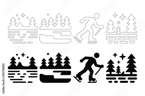 Winter ice skating icons - Snowy trees, Mountains, Skater