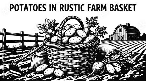 Fresh potatoes in a rustic basket on a farm representing root vegetables harvest traditional agriculture and natural food