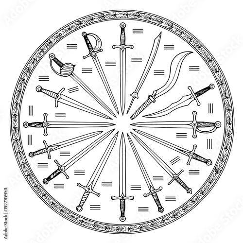 Decorative Frames with Swords and Plants Illustration