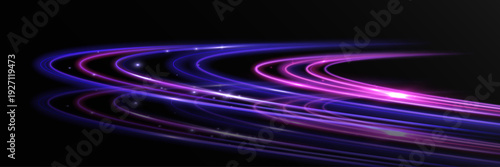 Abstract horizontal light trails in vibrant pink and blue tones forming dynamic curved motion lines on dark background, symbolizing speed, acceleration and futuristic energy flow.

