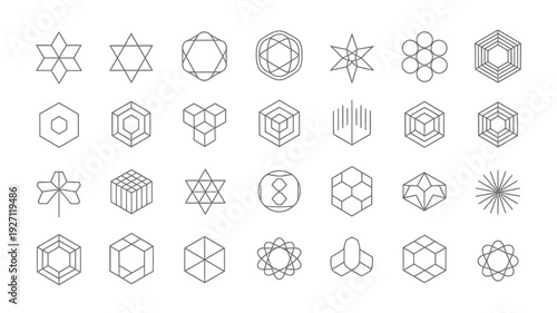 collection of nine geometric icons in a 3x3 grid for ranking abstract structures, featuring black and white hexagonal and cubic form designs.