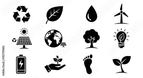 Eco friendly icon set. Includes recycling, leaf, water, wind turbine, solar panel, earth, tree, light bulb, battery, hand, footprint, sprout symbols. Created in black line style with monochrome