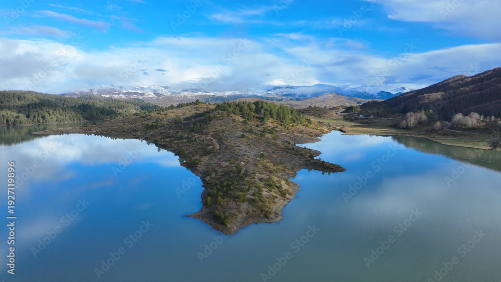 Fototapeta premium Aerial drone photo of beautiful winter colours and amazing cloud reflections in Mediterranean destination artificial lake