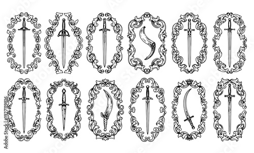 Decorative Frames with Swords and Plants Illustration