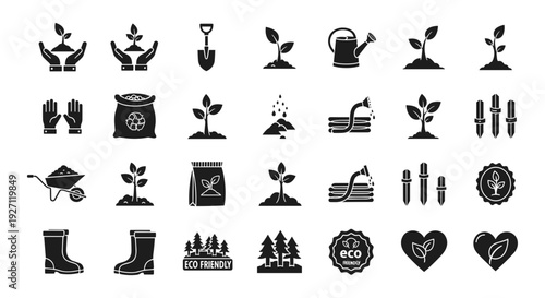 Gardening and agriculture icon collection. Includes plants, tools, seeds, boots, and eco-friendly symbols. Created in solid black style with minimal line art