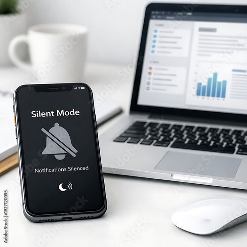 Smartphone in Silent Mode Notifications Silenced on Desk Next to Laptop Working Screen, Focus and Productivity Concept