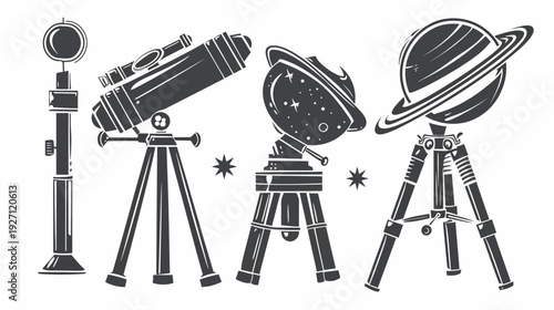Silhouetted illustrations of astronomical equipment, telescopes, a celestial sphere and planets with star icons