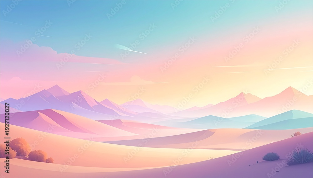 Obraz premium Vibrant desert sunrise landscape with pastel mountains and golden sand dunes