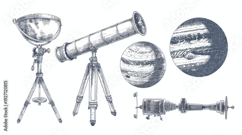 Vintage-style illustration of astronomy instruments and planets, with detailed ink-based textures