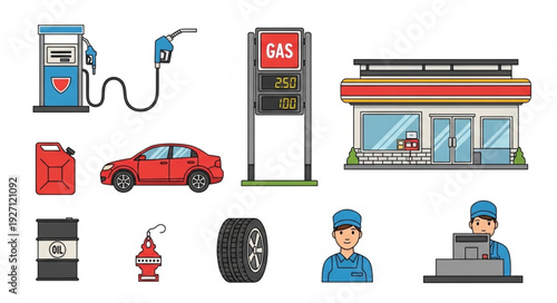 Gas station scene with fuel pumps, car, and attendant, ready for service.