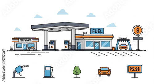 Gas station illustration with fuel pumps, shop, and car wash, vector design.