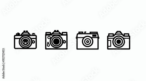 Four black and white camera illustrations. Different styles show the outline of photographic equipment