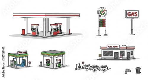 Gas station illustrations showcasing various designs and service elements.