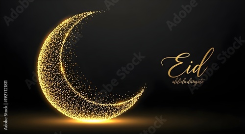 Eid mubarak greeting with golden crescent moon and sparkling lights