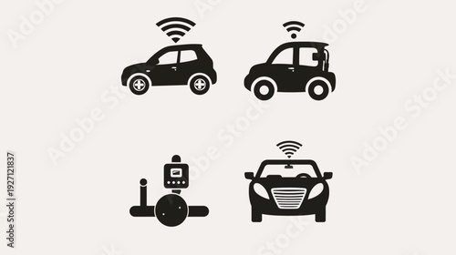 Collection of stylized black and white car and technology icons featuring wireless connection symbols