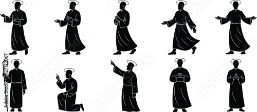 Catholic priest silhouettes in various poses and gestures in black and white illustration for religious iconography