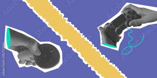 Joysticks. Cut out hands on a purple background. Computer devices in hands