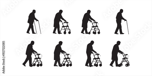 Elderly people using walking aid silhouette set collection. Senior pensioner people walking with walking aids vector silhouette.