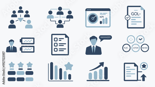 collection of business performance icons for ranking corporate growth, featuring diverse development symbols for success levels and financial progress status.