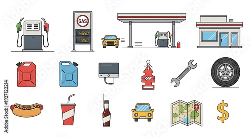Collection of gas station and related items, perfect for automotive and travel themes.