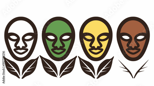 Four stylized faces with accompanying foliage, each in a unique color