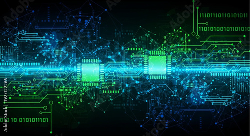 Digital circuit board with glowing microchips and data streams.