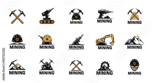 Collection of Mining Industry Logos Depicting Tools and Equipment.