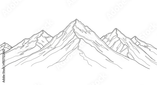 Detailed Hand Drawn Sketch of Majestic Mountain Peaks and Range.