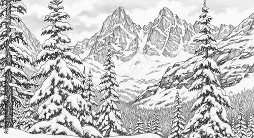 Detailed black and white illustration of a snowy mountain landscape.