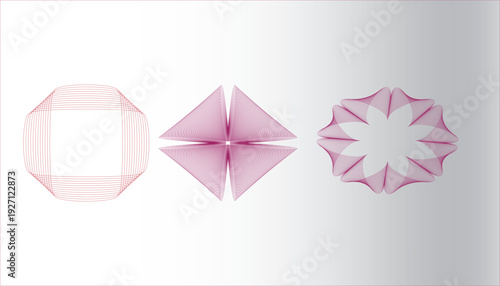 abstract geometric line art shapes with symmetry, minimal wireframe floral forms on soft gradient, modern symmetrical line pattern design artwork