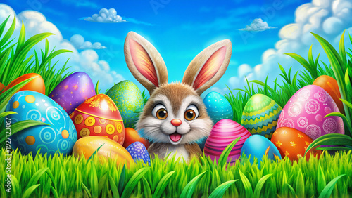 Cute cartoon bunny with colorful Easter eggs in a grassy field  