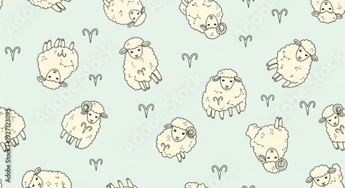 Cute cartoon sheep pattern on a light blue background.