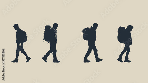 Silhouetted figures in a series, each carrying a backpack, walking on a light-colored background