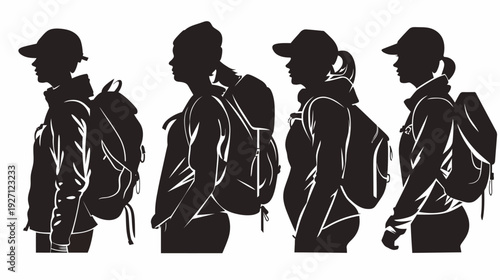 Black and white illustration of four people in silhouette with backpacks and hats, side view