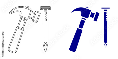 Hammer and Nail Icon , Outline and Solid Blue Silhouette, Hand Tool Illustration for Carpentry, Hardware Store Logo, Home Repair and Construction Vector Graphic, 4K