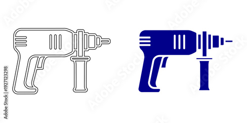 Electric Drill and Power Tool Icon , Outline and Solid Blue Silhouette, Handheld Impact Driver Illustration for DIY Home Improvement, Construction Hardware Vector, 4K