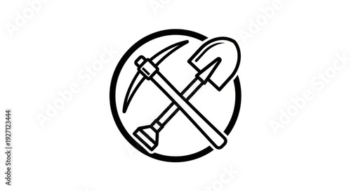 Illustration of a pickaxe and shovel inside a circle, mining concept.