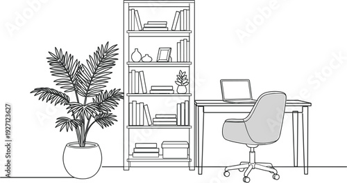Minimalist Line Art Illustration of a Clean Home Office with Bookshelf Laptop Desk and Large Potted Plant
